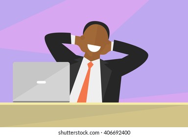 Satisfied black man flat illustration . Work done concept. Happy impersonal businessman working on laptop. Vector image