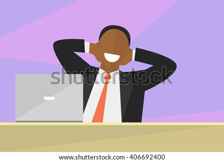 Satisfied black man flat illustration . Work done concept. Happy impersonal businessman working on laptop. Vector image