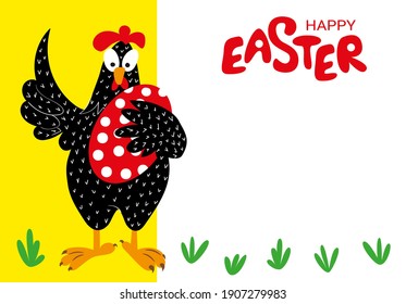 Un gallo negro satisfecho sostiene un huevo rojo. Tarjeta de Pascua al estilo escandinavo, ilustración plana. Grabado feliz de Pascua, lugar de texto. Volante, felicitación, invitación, afiche, cartel, tarjeta, w