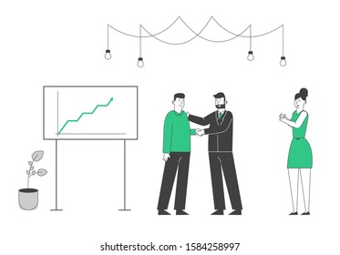 Satisfied Boss Shaking Hand to Businessman at Screen with Growing Graph. Businesspeople Celebrate Project Success Development and Reach Target in Office. Cartoon Flat Vector Illustration, Line Art