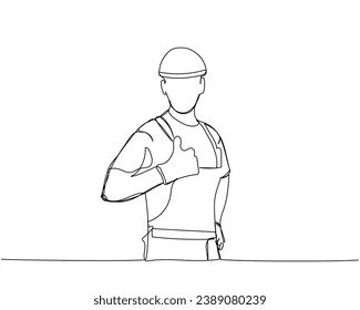 Satisfied builder in working uniform, protective overalls, hard hat, safety one line art. Continuous line drawing of repair, professional, hand, people, concept, support, maintenance.