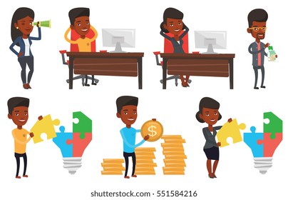Satisfied business man sitting at workplace in the office. Business man relaxing in the office with his hands clasped behind head. Set of vector flat design illustrations isolated on white background.