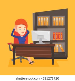 Satisfied business woman sitting at workplace in the office. Young successful business woman relaxing in the office with her hands clasped behind head. Vector flat design illustration. Square layout.