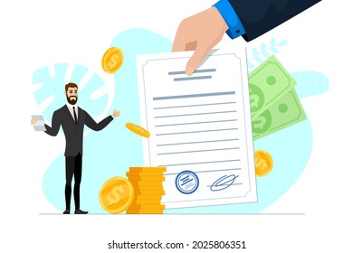 Satisfied businessman hold good financial notice. Positive decision and profitable money transaction conclusion. Joyful businessman man with letter and money show thumbs up. Loan approval message. Eps