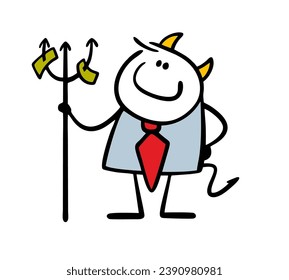 Satisfied businessman with horns and tail holds  trident with cash dollar strung on spike and lures into financial hell. Vector illustration of concept of lending in bank.Isolated on white background.