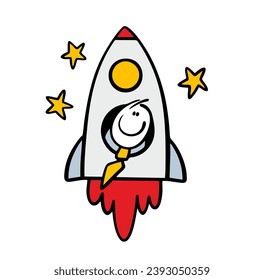 Satisfied businessman, leader flies up in  rocket, strive for success in business. Vector illustration of cartoon stickman in space flying to the stars. Funny character isolated on white background.