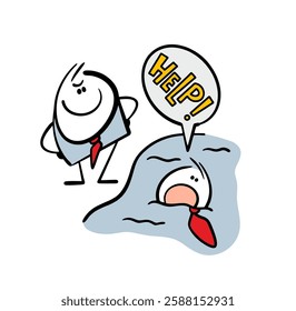 Satisfied businessman looks at an unhappy colleague. Vector illustration of   man drowning and calling for help. Competition in business. Isoated funny character on white background.