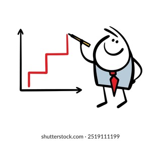 Satisfied businessman makes a report on the company's success, draws a profit graph with  marker. Vector illustration of  growing curved line creeping up, financial well-being and stable income.