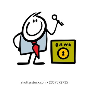 Satisfied businessman in an office suit holds the key to a bank safe. Vector illustration cartoon stickman locked money. Person isolated on white background.