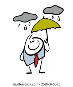 Satisfied businessman stands in the rain, holding an umbrella in his hand. Vector illustration is a reliable protection against clouds, bad weather and failures in work and business. Isolated charac