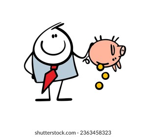 Satisfied businessman turned over a piggy bank and shakes coins out of bank. Vector illustration of a man in a business suit taking out savings for investment. Cute doodle person isolated on white.