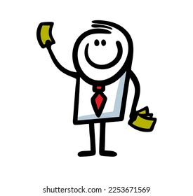 Satisfied businessman with a wad of cash in his hands pays for the goods. Vector illustration of a rich man showing his earnings.