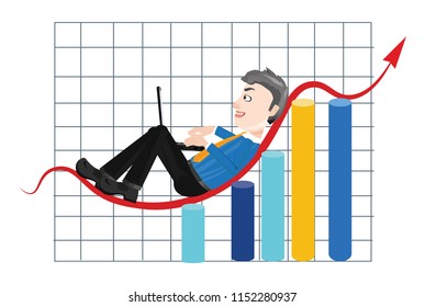 Satisfied businessman working on a laptop over a successful business graph chart
