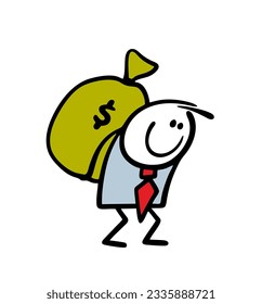 Satisfied cartoon businessman carries a huge bag of money on his back. Vector illustration of man dragging cash from a bank, took a loan for development. Funny character isolated on white background.