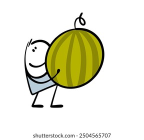 Satisfied cartoon character holds a huge striped watermelon in his hands. Vector illustration of a successful farmer who has harvested a crop. Stickman collects fruits and berries from the garden.