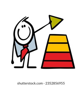 Satisfied cartoon stickman businessman puts the tops of a financial pyramid. Vector illustration of a successful man in an elegant suit. Funny doodle character isolated on white background.