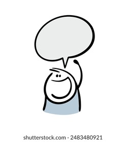 Satisfied cartoon stickman waves hand and says hello. Vector illustration of cute boy and welcome text bubble for comic book. Doodle funny character isolated on white background.
