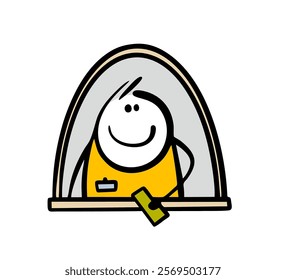 Satisfied cashier  selling tickets at the window. Vector illustration of  train station employee at the ticket office. Isolated doodle character on white background.