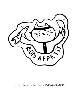 Satisfied Cat with Fish and Knife, Bon Appetit, vector Illustration