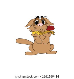 A satisfied cat licks its lips while holding a fish in its paws with its eye.Isolated vector design for online communications, networks, social networks, web design, mobile messages.animals