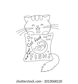 Satisfied cat with a pack of fish-flavored cat food. Pet. Pet Shop. Tasty food. Vector. Doodle. Hand-drawn illustration. Silhouette. Black and white outline. Coloring.