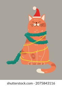 Satisfied cat wrapped in garland. Unusual tree, fluffy pet. Taking care of animals. Home, new year, christmas, happy holidays, gift. Hat, santa claus, green scarf. Cartoon flat vector illustration
