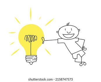 Satisfied character leans on a glowing light bulb - the concept of a good idea, the right answer, success in business.	

