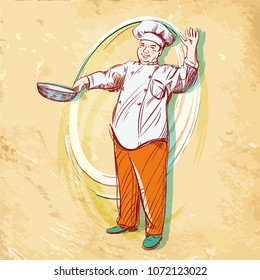 A satisfied Chef with a frying pan greets the visitor.
Colorful vector illustration for newspapers, magazines, postcards.  Line art & comic style.