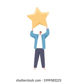 Satisfied client holding star, giving feedback and service review. Concept of positive customer experience, rating and ranking. Colored flat vector illustration isolated on white background