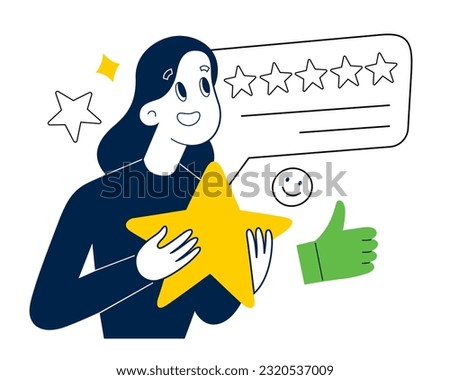 Satisfied client holds star to leave 5 stars review, gives feedback and service review. Concept of positive customer experience, rating and ranking. Vector illustration isolated on white background
