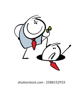 Satisfied competitor holds the money and puts his foot on the businessman's head. Vector illustration  man lost, fell into pit. Loser at work. Isoated funny character on white background.