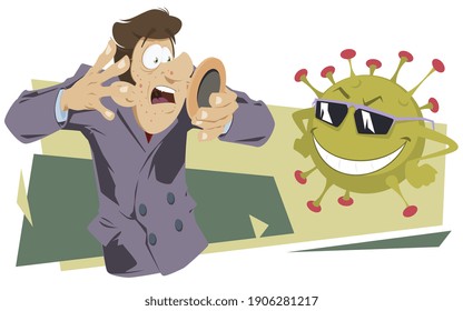 Satisfied coronavirus looks at sick man. Illustration for internet and mobile website. Funny people.