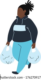 Satisfecho cliente, chica va de compras, aislado en blanco, feliz cliente istore, diseño, estilo plano ilustración vectorial. Mujer caricaturista, compra en el momento presente, alegría compra producto interesante.