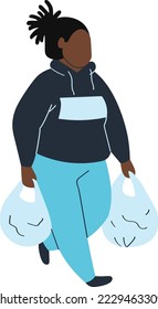 Satisfecho cliente, chica va de compras, aislado en blanco, feliz cliente istore, diseño, estilo plano ilustración vectorial.