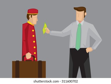 Satisfied customer giving a dollar note as tip to hotel porter for carrying his luggage. Vector illustration illustration isolated on grey background.