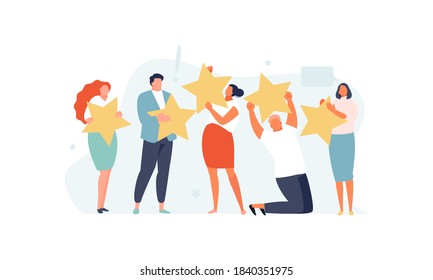 Satisfied customer people with stars rating. Feedback and feedback vector illustration