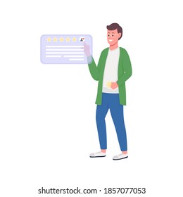 Satisfied customer writing review flat color vector detailed character. Online service feedback. Excellent client rating isolated cartoon illustration for web graphic design and animation