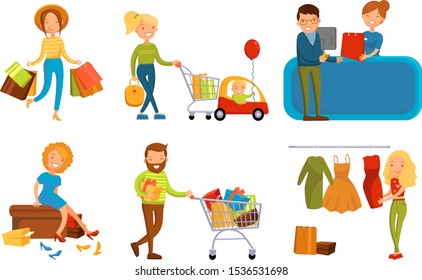 Satisfied customers with packages. Vector illustration On White Background