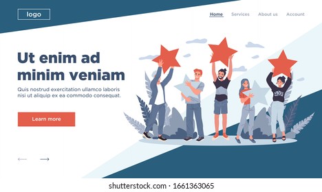 Clientes satisfechos calificando la calidad de los servicios con estrellas de revisión ilustración vectorial. Gente feliz sosteniendo estrellas sobre sus manos. Clientes que ofrecen comentarios para la encuesta de marketing, premio de elección de cliente