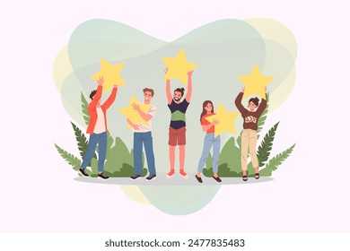 Satisfied customers rating services quality with review stars vector illustration. Happy people holding stars over their hands. Clients giving feedback for marketing survey, customer choice award