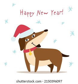 Satisfied dachshund is standing in a Christmas hat. Snowflakes around. Happy New Year lettering. Drawn in cartoon style. Vector illustration for designs, prints, patterns. Isolated on white background