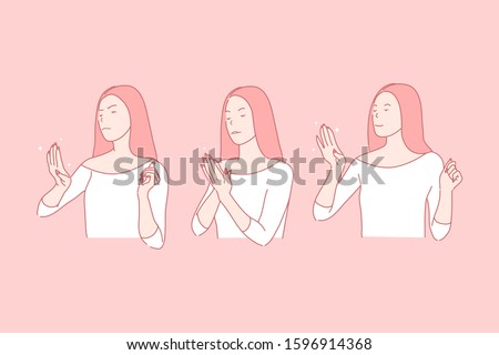 Satisfied and dissatisfied nail service client, positive and negative emotions concept. Opposite feelings, bad and good mood, sad and smiling girl with manicure, joy and annoyance. Simple flat vector