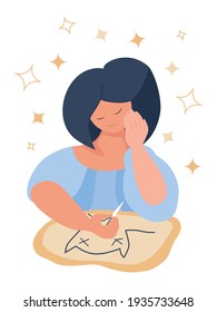 A satisfied embroidery girl, holding a needle and thread in her hands and looking at the canvas with embroidery on the embroidery drawing of a cat