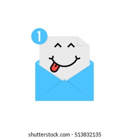 satisfied emoji in blue letter notification. concept of character, chat, yum, lips, social network, mobile application, e-mail, sms, tease. flat style trend logotype graphic design on white background