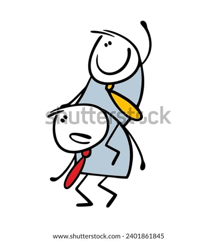 Satisfied exploiter in business sits on the back of a subordinate and commands. Vector illustration of an unhappy tired slave at work and a boss in a business suit. Isolated on white background.