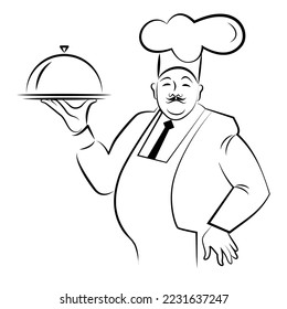 satisfied fat cook holds the dish. linear drawing in the style of a sketch. chef is a professional isolated on a white background. stock vector illustration. EPS 10.