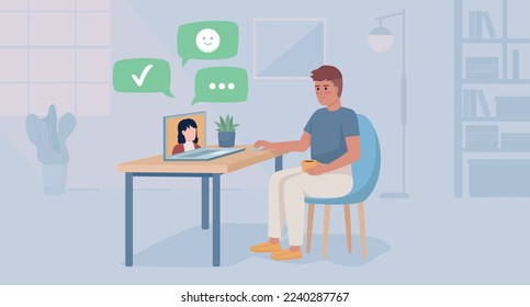 Satisfied feedback flat color vector illustration. Happy male worker. Video meeting. Positive review. Online interview. Fully editable 2D simple cartoon character with home interior on background