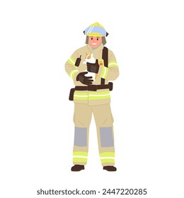 Satisfied firefighter cartoon character wearing protective suit and helmet holding saved kitten