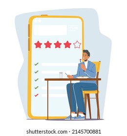 Satisfied Foodie Character Sitting at Table Enjoying Delicious Meals. Food Blogger or Critic Visiting Restaurant, Trying Food and Making Reviews on Smartphone App. Cartoon People Vector Illustration