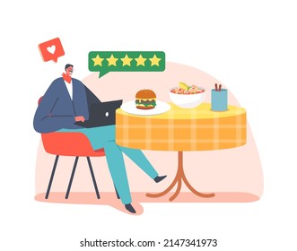 Satisfied Foodie Character Sitting At Table Enjoying Delicious Meals. Food Blogger Or Critic Visiting Five Stars Restaurant, Trying Food, Making Reviews On Laptop. Cartoon People Vector Illustration